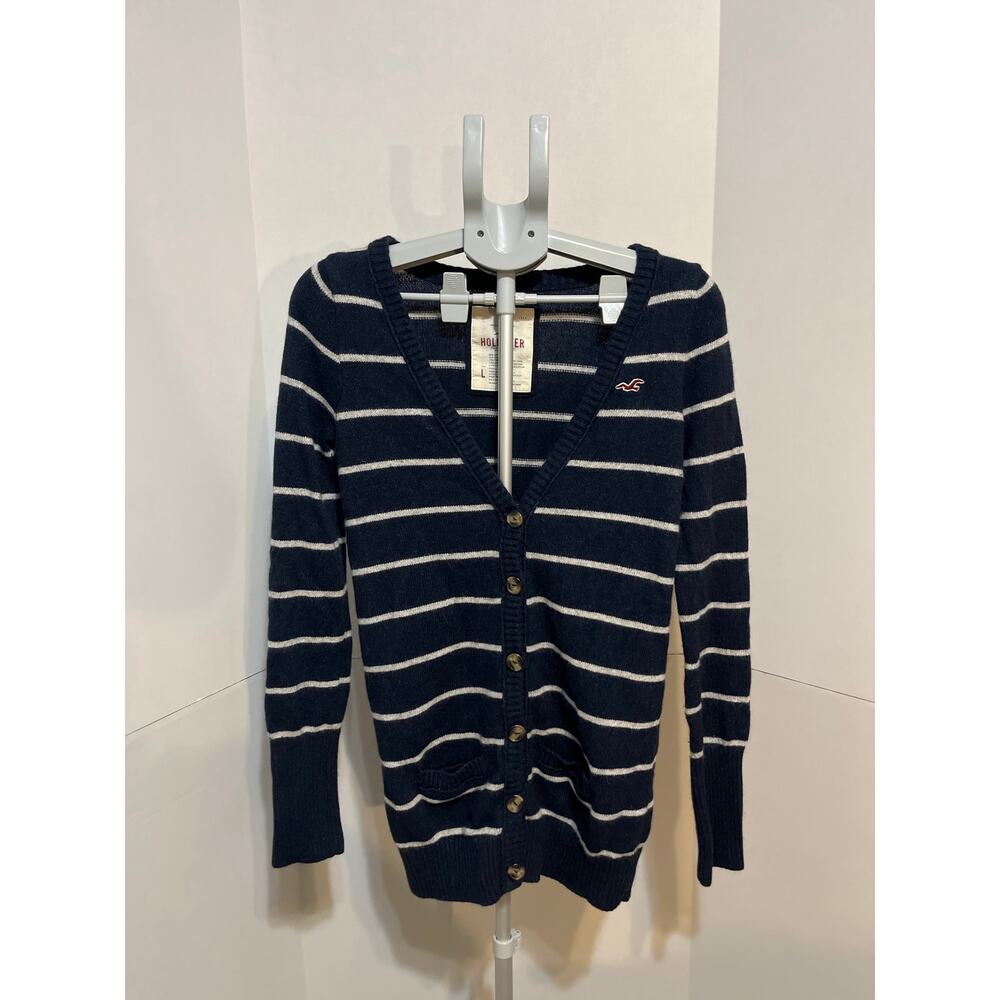 Hollister Women's Striped Cardigan Sweater L Navy Blue White Rabbit Hair Blend
